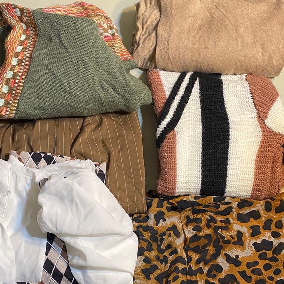 SHEIN Tops - SHEIN White Puff Sleeve Blouse with Argyle Crop Overlay - Brown, Black, White